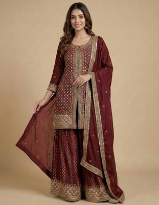 Maroon designer chinon sequins embroidered work readymade suit 2