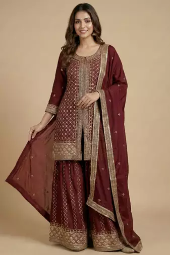 Maroon designer chinon sequins embroidered work readymade suit