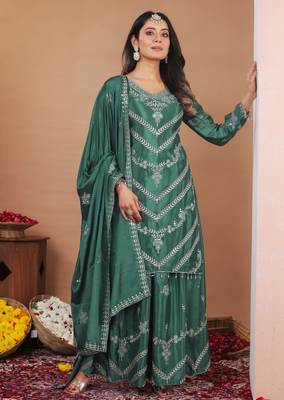 Sea green designer chinon sequins embroidered work readymade suit 1