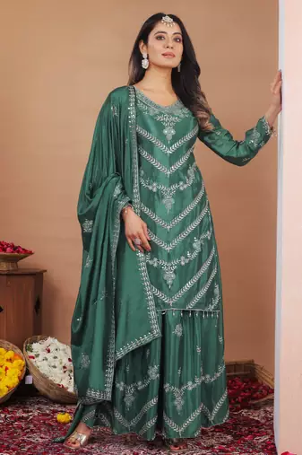 Sea green designer chinon sequins embroidered work readymade suit
