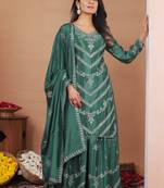 Sea green designer chinon sequins embroidered work readymade suit