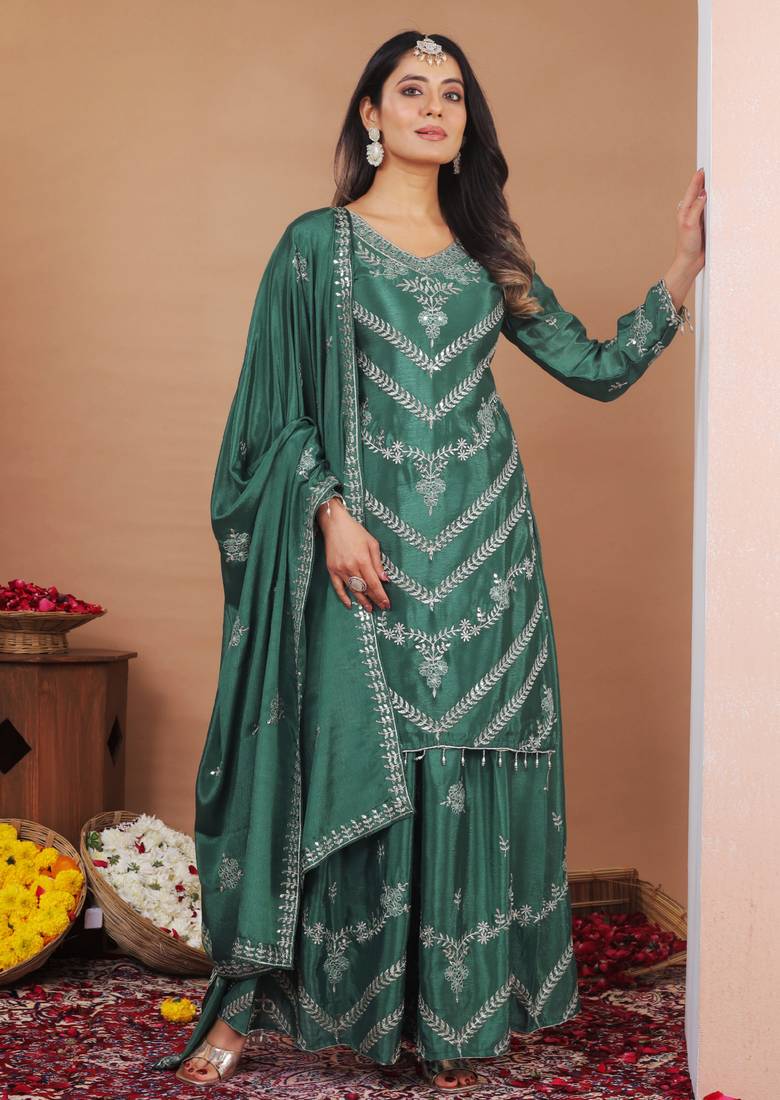 Sea green designer chinon sequins embroidered work readymade suit