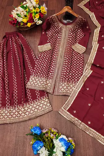 Maroon designer chinon sequins embroidered work readymade suit