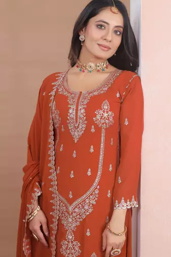 Orange designer fox georgette sequins embroidered work readymade suit