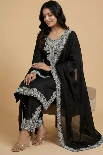 Black designer natural crepe sequins embroidered work readymade suit