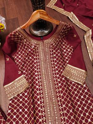 Maroon designer chinon sequins embroidered work readymade suit 4