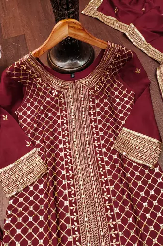 Maroon designer chinon sequins embroidered work readymade suit