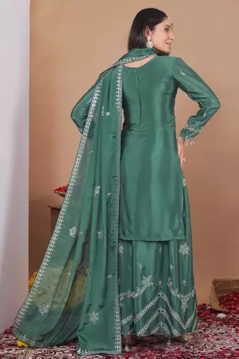 Sea green designer chinon sequins embroidered work readymade suit