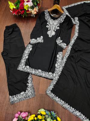 Black designer natural crepe sequins embroidered work readymade suit 3