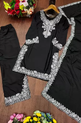 Black designer natural crepe sequins embroidered work readymade suit