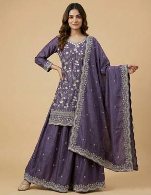 Purple designer chinon sequins embroidered work readymade suit 2