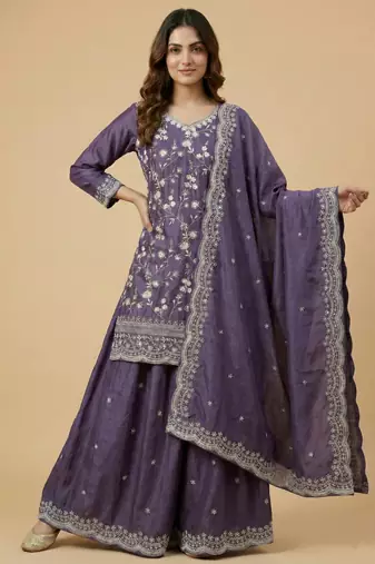 Purple designer chinon sequins embroidered work readymade suit