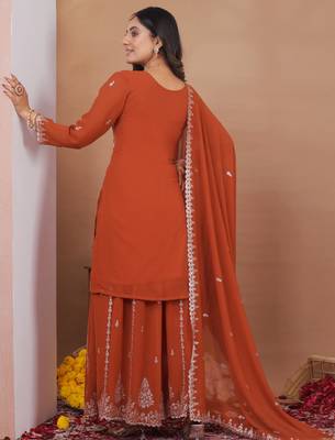 Orange designer fox georgette sequins embroidered work readymade suit 3