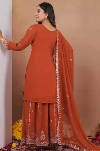 Orange designer fox georgette sequins embroidered work readymade suit