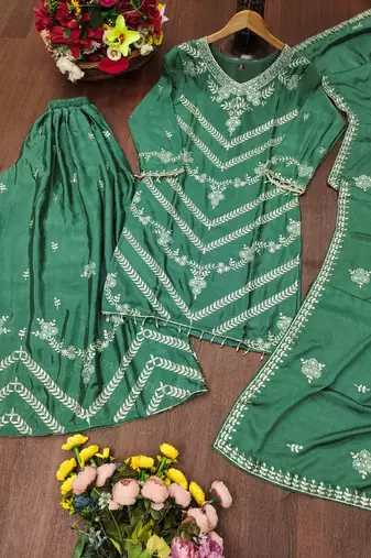 Sea green designer chinon sequins embroidered work readymade suit