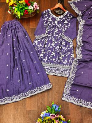Purple designer chinon sequins embroidered work readymade suit 3