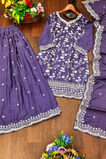 Purple designer chinon sequins embroidered work readymade suit