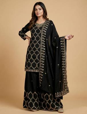 Black designer chinon sequins embroidered work readymade suit 2