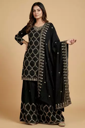 Black designer chinon sequins embroidered work readymade suit
