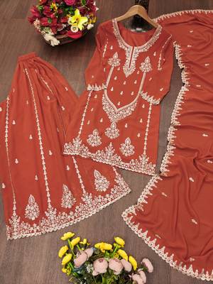 Orange designer fox georgette sequins embroidered work readymade suit 4
