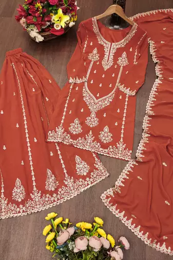Orange designer fox georgette sequins embroidered work readymade suit