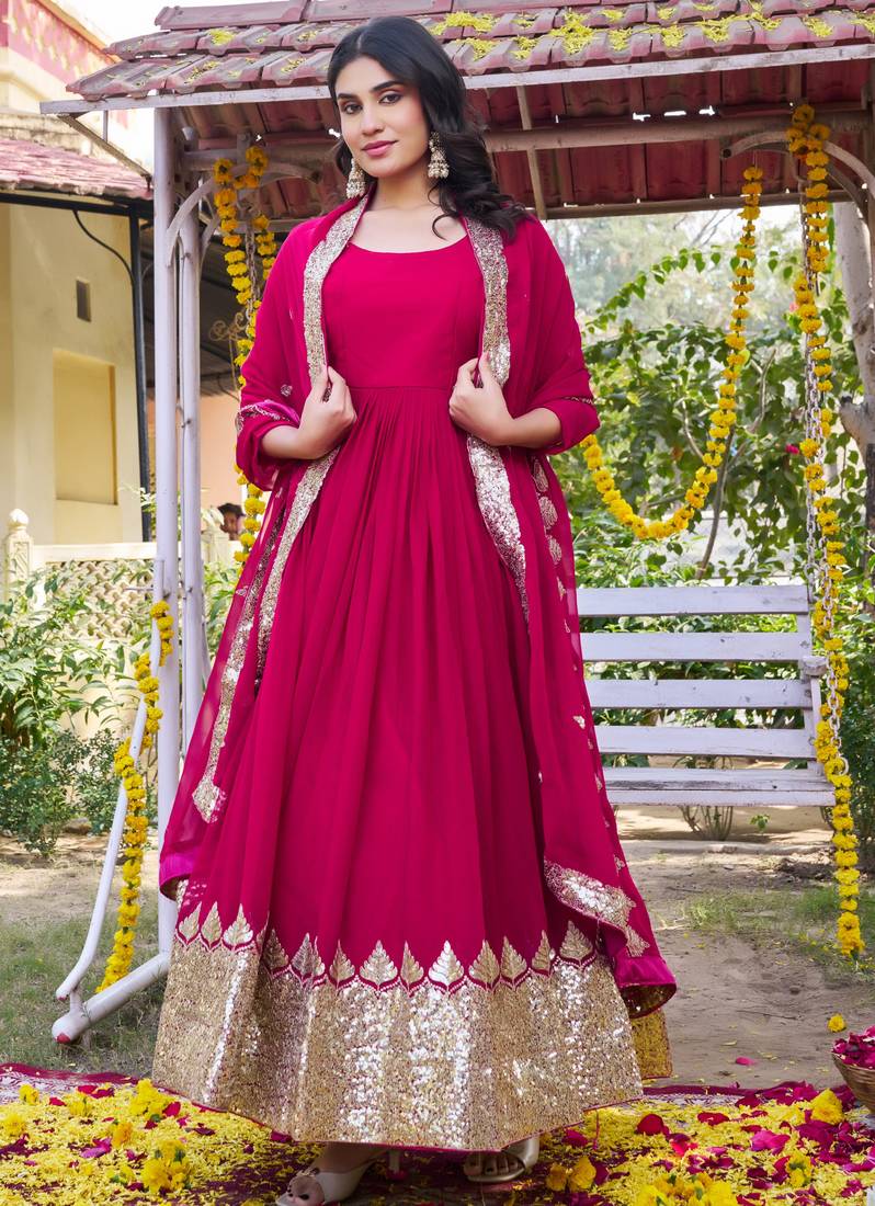 Pink designer fox georgette sequins embroidered work readymade suit