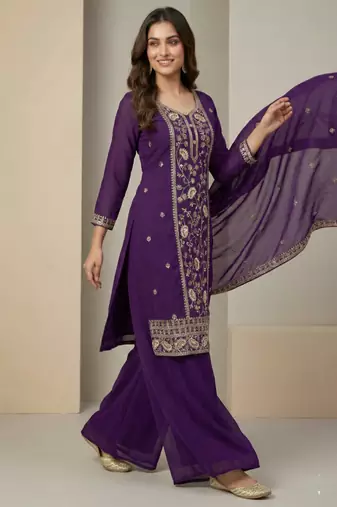 Purple designer fox georgette sequins embroidered work readymade suit