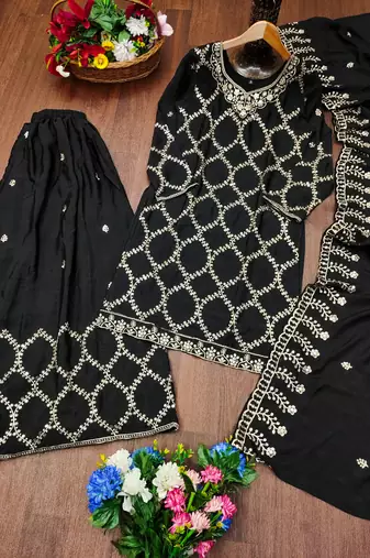 Black designer chinon sequins embroidered work readymade suit