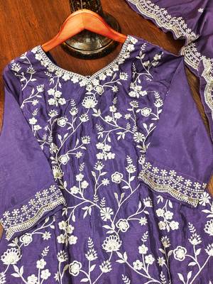 Purple designer chinon sequins embroidered work readymade suit 4