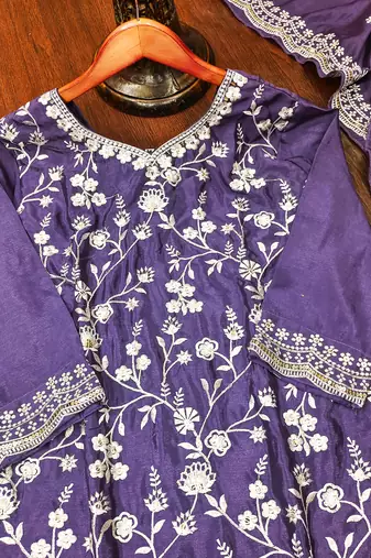 Purple designer chinon sequins embroidered work readymade suit