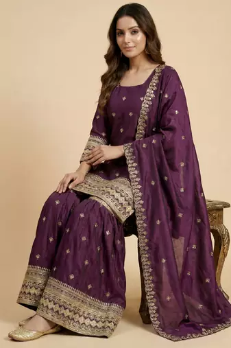 Wine designer chinon sequins embroidered work readymade suit