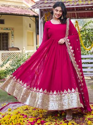 Pink designer fox georgette sequins embroidered work readymade suit 2