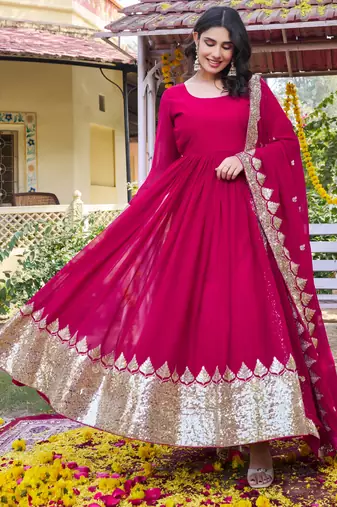 Pink designer fox georgette sequins embroidered work readymade suit