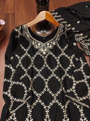 Black designer chinon sequins embroidered work readymade suit 4