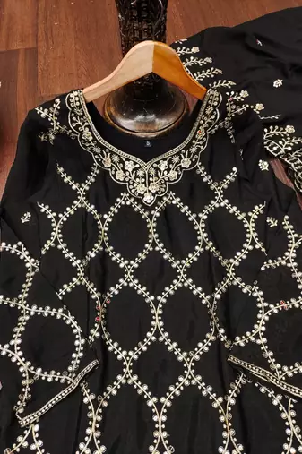 Black designer chinon sequins embroidered work readymade suit