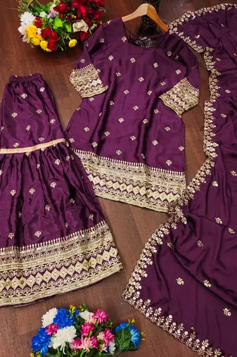 Wine designer chinon sequins embroidered work readymade suit