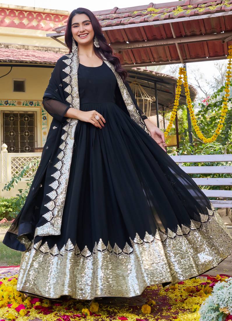 Black designer fox georgette sequins embroidered work readymade suit