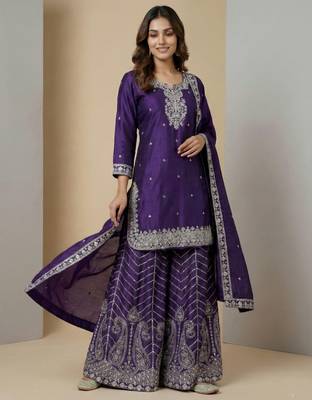 Purple designer chinon sequins embroidered work readymade suit 2