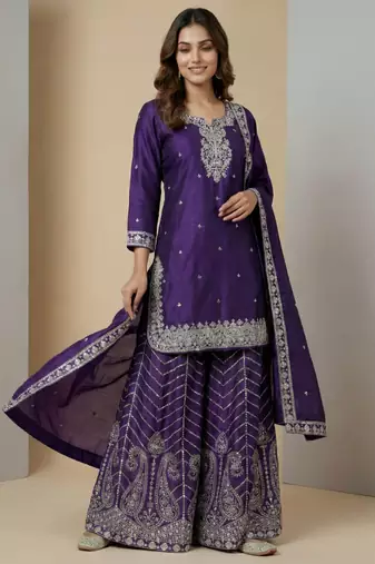 Purple designer chinon sequins embroidered work readymade suit