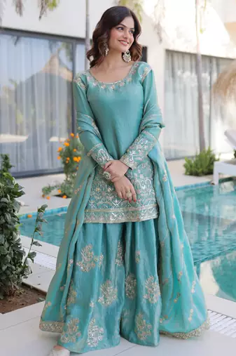 Sky blue designer fendi crush silk sequins embroidered work readymade suit