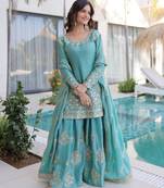 Sky blue designer fendi crush silk sequins embroidered work readymade suit