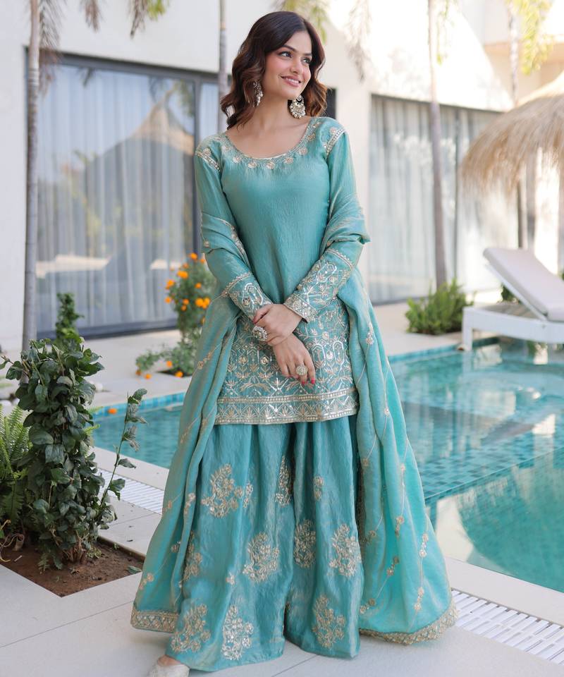 Sky blue designer fendi crush silk sequins embroidered work readymade suit