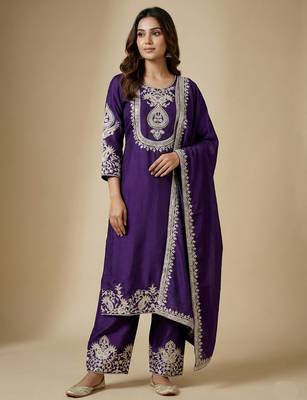 Purple designer chinon sequins embroidered work readymade suit 1