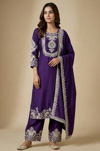 Purple designer chinon sequins embroidered work readymade suit