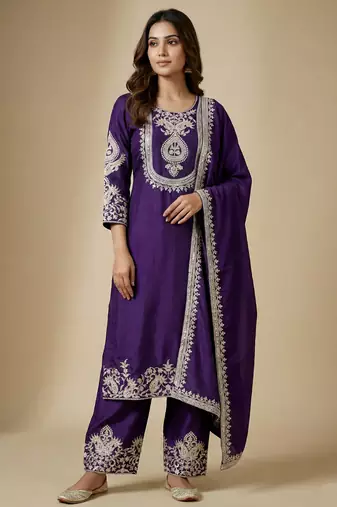 Purple designer chinon sequins embroidered work readymade suit
