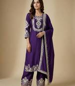 Purple designer chinon sequins embroidered work readymade suit
