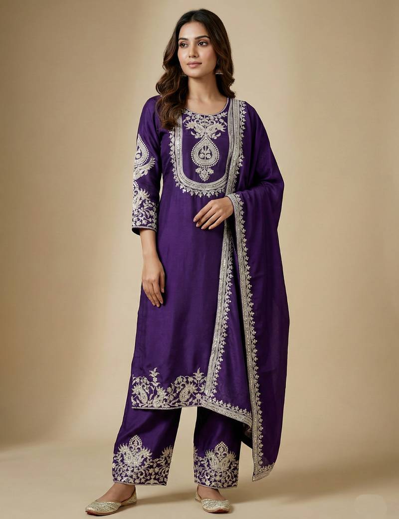 Purple designer chinon sequins embroidered work readymade suit