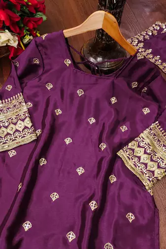 Wine designer chinon sequins embroidered work readymade suit