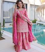 Pink designer fendi crush silk sequins embroidered work readymade suit