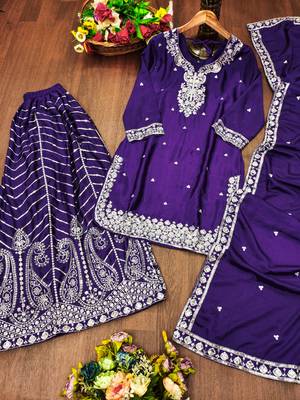 Purple designer chinon sequins embroidered work readymade suit 3